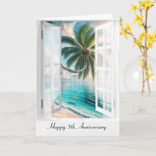Happy 5th Anniversary Tropical Window カード (黄色い花)