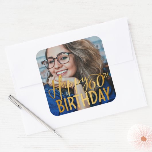 Happy 60誕生日スクリプトパーソナライズされた写真 スクエアシール (封筒)