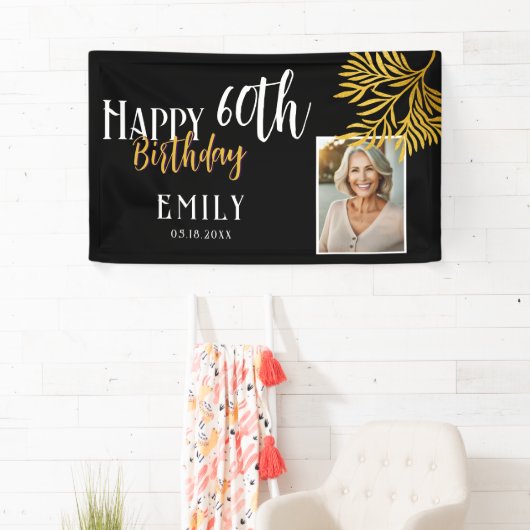 Happy 60th Birthday Gold Foliage Photo Backdrop 横断幕 (インサイチュ)
