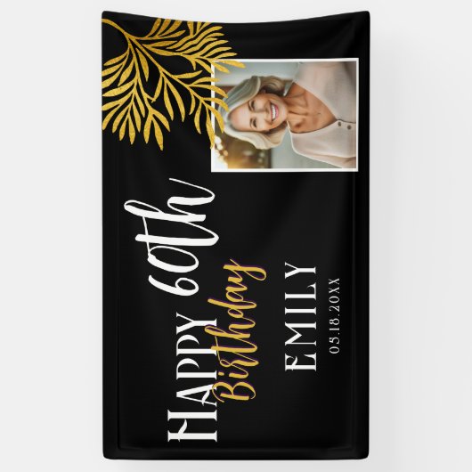 Happy 60th Birthday Gold Foliage Photo Backdrop 横断幕 (縦)