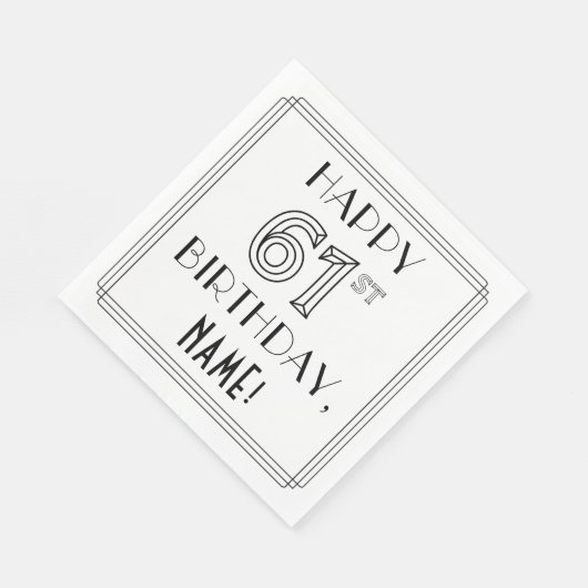 HAPPY 61ST誕生日、アールデコスタイル、名前をカスタムする スタンダードランチョンナプキン (角)