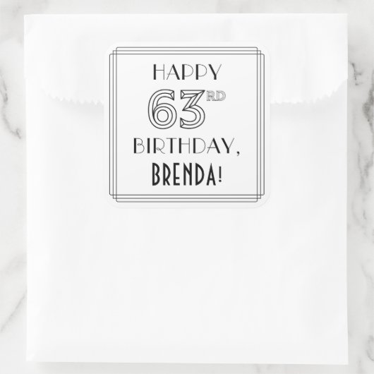 HAPPY 63rd誕生日、アールデコスタイル、名前をカスタムする スクエアシール (バッグ)