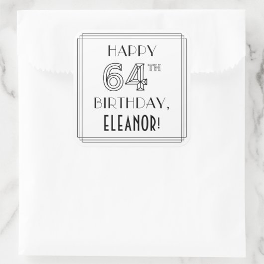 HAPPY 64th誕生日、アールデコスタイル、名前をカスタムする スクエアシール (バッグ)
