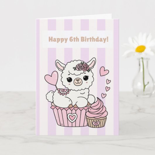 Happy 6th Birthday Cute Llama Girl Card カード (小さな植物)