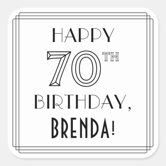 HAPPY 70TH誕生日、アールデコスタイル、名前をカスタムする スクエアシール (正面)