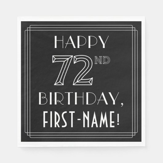 HAPPY 72nd誕生日、アールデコスタイル、名前をカスタムする スタンダードランチョンナプキン (正面)