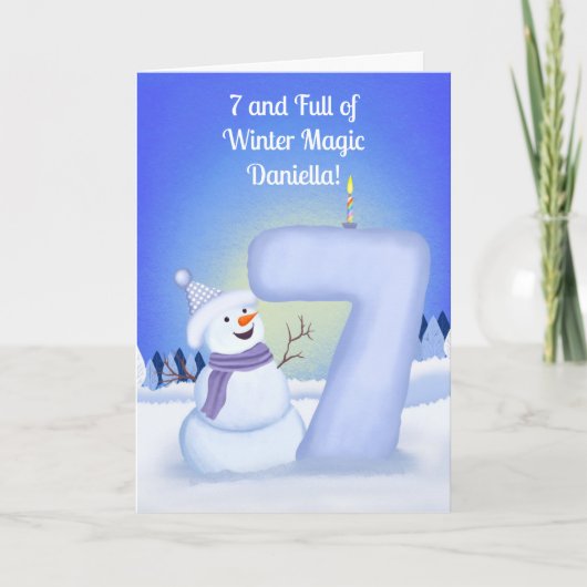 Happy 7th Birthday Snowman with a Snowy Seven カード (正面)