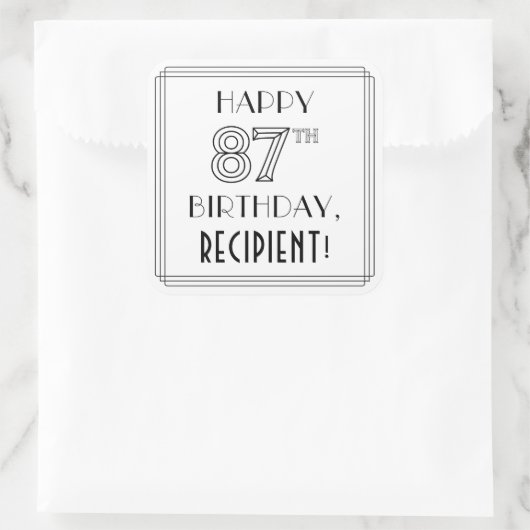 HAPPY 87th誕生日、アールデコスタイル、名前をカスタムする スクエアシール (バッグ)