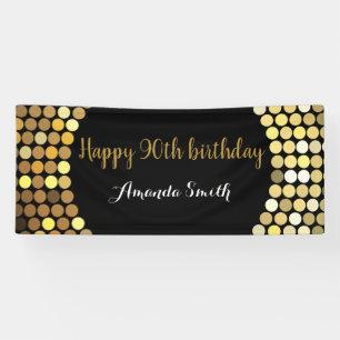 Happy 90th Birthday Banner Black and Gold Glitter 横断幕