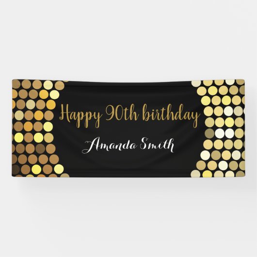 Happy 90th Birthday Banner Black and Gold Glitter 横断幕 (横)
