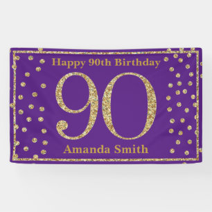 Happy 90th Birthday Banner Purple and Gold Glitter 横断幕