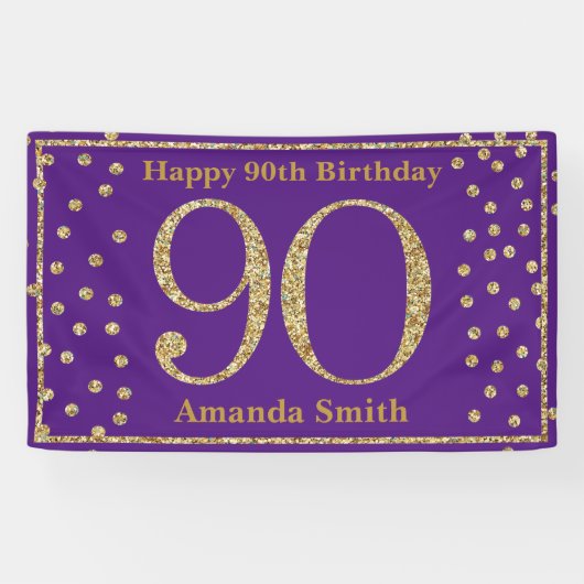 Happy 90th Birthday Banner Purple and Gold Glitter 横断幕 (横)