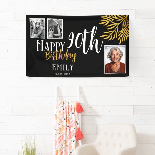 Happy 90th Birthday Gold Foliage 3 Photo Backdrop 横断幕 (インサイチュ)