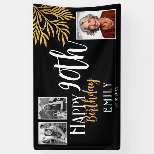Happy 90th Birthday Gold Foliage 3 Photo Backdrop 横断幕 (縦)