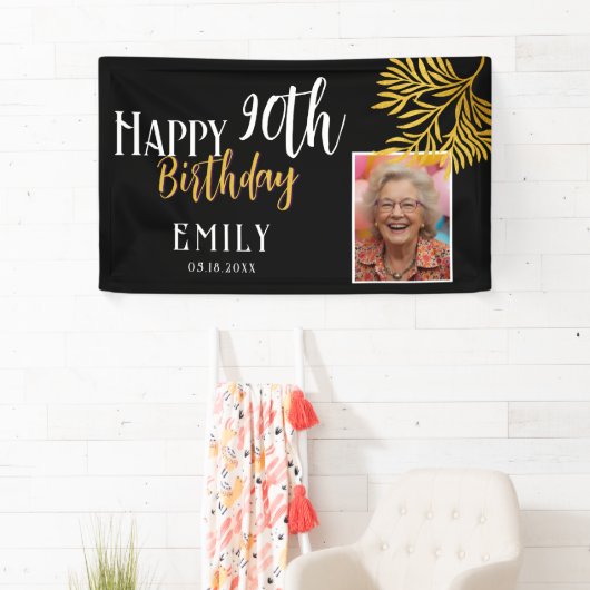 Happy 90th Birthday Gold Foliage Photo Backdrop 横断幕 (インサイチュ)
