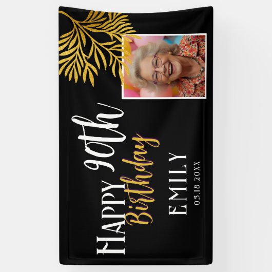 Happy 90th Birthday Gold Foliage Photo Backdrop 横断幕 (縦)