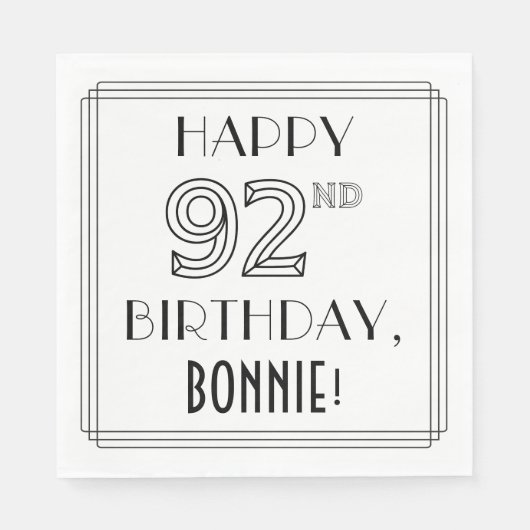 HAPPY 92nd誕生日;アールデコスタイル;名前をカスタムする スタンダードランチョンナプキン (正面)