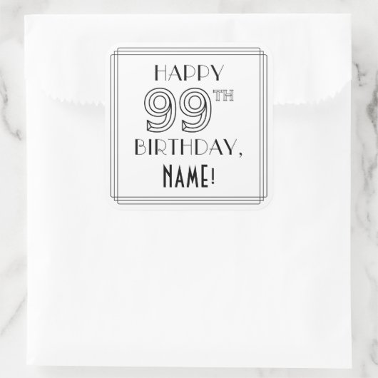 HAPPY 99TH誕生日、アールデコスタイル、名前をカスタムする スクエアシール (バッグ)