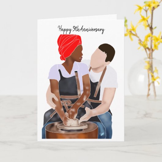 Happy 9th Anniversary Interracial Couple Clay カード (黄色い花)