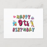 Happy 9th Birthday for 9 year old Kids B-day ポストカード<br><div class="desc">Happy 9th Birthday. Funny,  cute and lovely Kids Birthday design with lovely teddy bear holding a gift and a funny pencil writing the birthday wishes. A perfect match for Kids and Teens.</div>