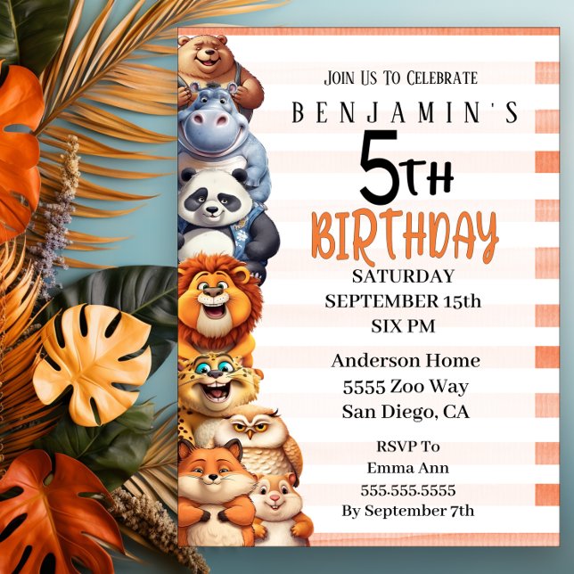 Happy Animals Boy's 5 Birthday Party 招待状