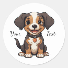 Happy Animated Puppy Illustration Customizable ラウンドシール