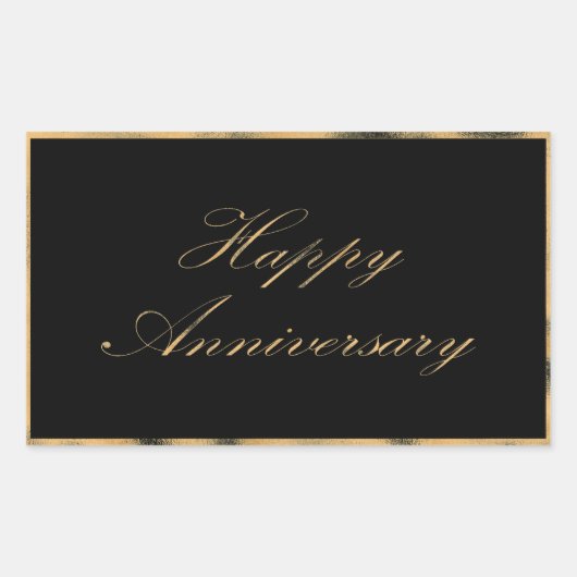 Happy Anniversary金ゴールドトリムとフォントスクリプトブラック 長方形シール (正面)
