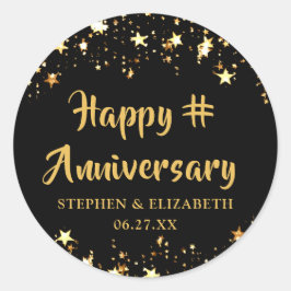 HAPPY ANNIVERSARY Any Yearブラック金ゴールド星名 ラウンドシール