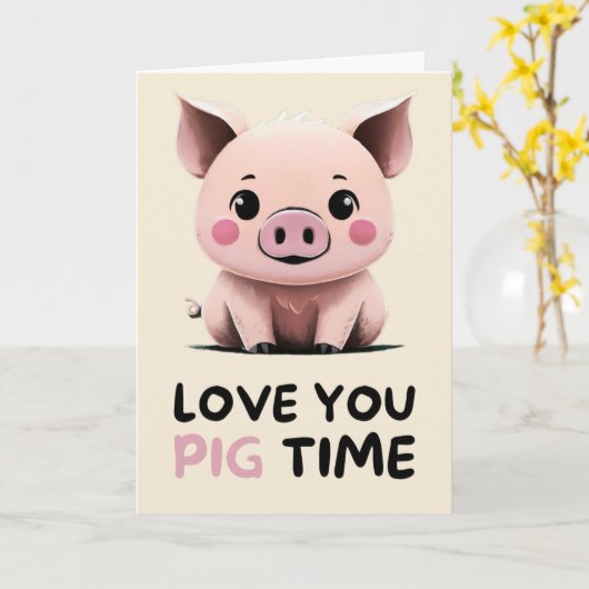 Happy Anniversary Cute Funny Simple Pig Card カード (黄色い花)
