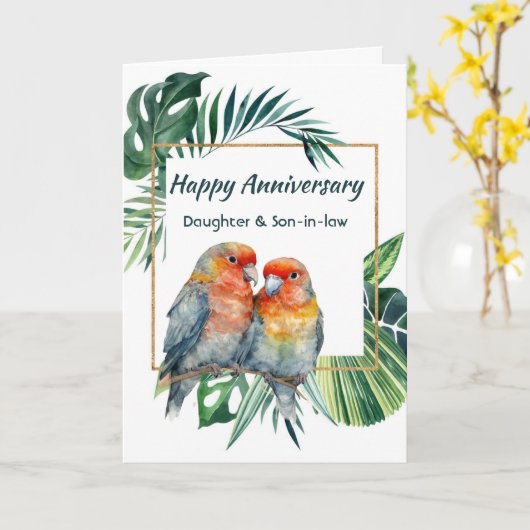 Happy Anniversary Daughter & Son-in-law Parrots カード (黄色い花)