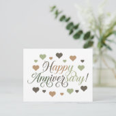 Happy Anniversary Green Brown Hearts Rustic Elegan ポストカード (スタンド正面)