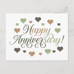Happy Anniversary Green Brown Hearts Rustic Elegan ポストカード