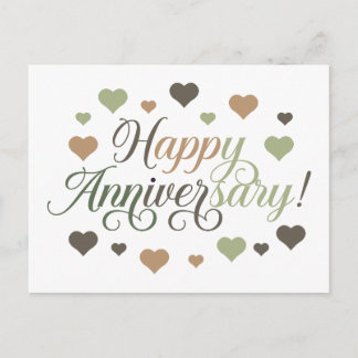 Happy Anniversary Green Brown Hearts Rustic Elegan ポストカード