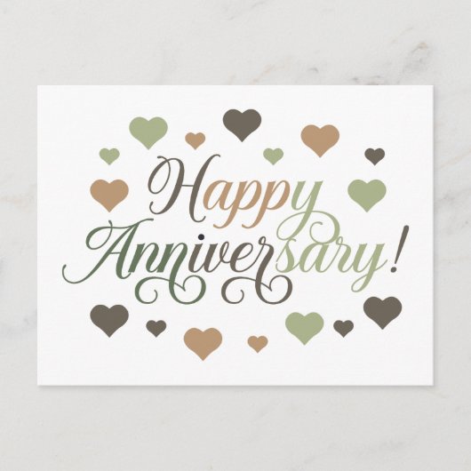 Happy Anniversary Green Brown Hearts Rustic Elegan ポストカード (正面)
