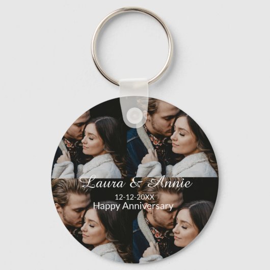 Happy anniversary photo collage name date simple w キーホルダー (正面)