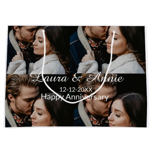 Happy anniversary photo collage name date simple w ラージペーパーバッグ (正面)