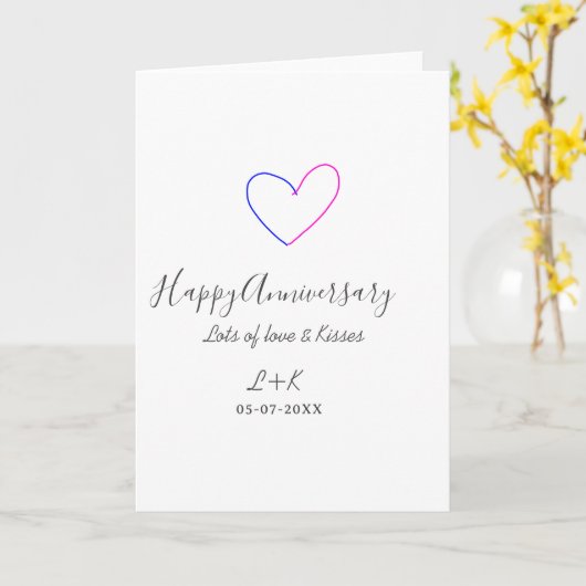 Happy anniversary pink blue heart name date simple カード (黄色い花)