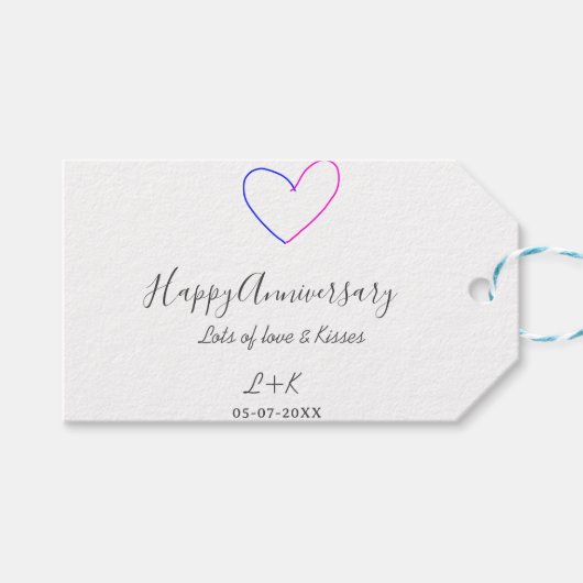 Happy anniversary pink blue heart name date simple ギフトタグ (正面(横))