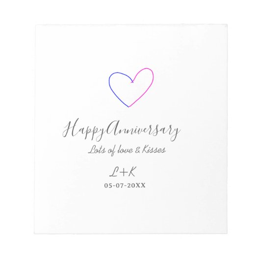 Happy anniversary pink blue heart name date simple ノートパッド (正面)