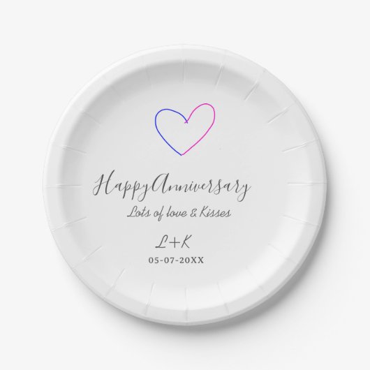 Happy anniversary pink blue heart name date simple ペーパープレート (正面)