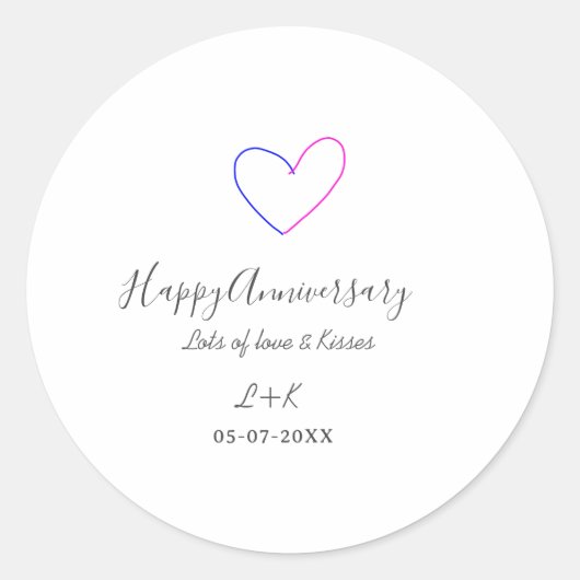 Happy anniversary pink blue heart name date simple ラウンドシール (正面)