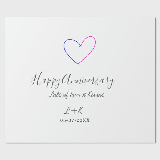 Happy anniversary pink blue heart name date simple ラッピングペーパー (フラット)