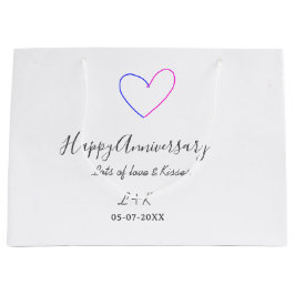 Happy anniversary pink blue heart name date simple ラージペーパーバッグ