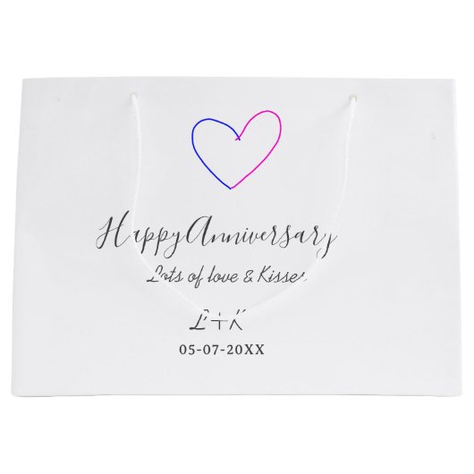 Happy anniversary pink blue heart name date simple ラージペーパーバッグ (正面)