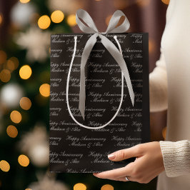Happy Anniversary Script with Name Black Silver ミディアムペーパーバッグ
