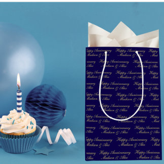 Happy Anniversary Script with Name Blue Gold ミディアムペーパーバッグ