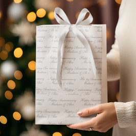 Happy Anniversary Script with Name White Silver ミディアムペーパーバッグ