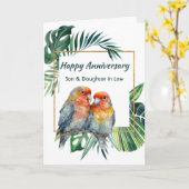 Happy Anniversary Son & Daughter-in-law Parrots カード (黄色い花)