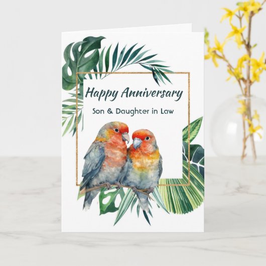 Happy Anniversary Son & Daughter-in-law Parrots カード (黄色い花)