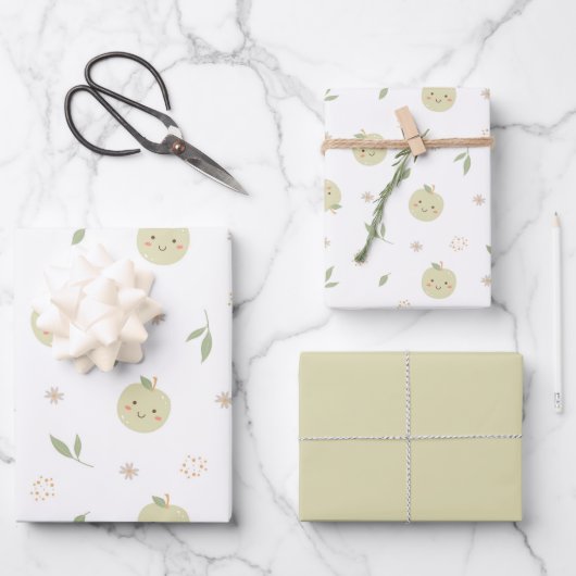 Happy Apple Pattern – ラッピング紙セット ラッピングペーパーシート (正面)